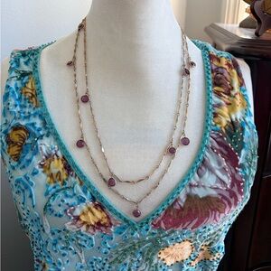 Vintage Bezel Set Amethyst Gold Multi-Layer Necklace 50” Purple Stones unsigned